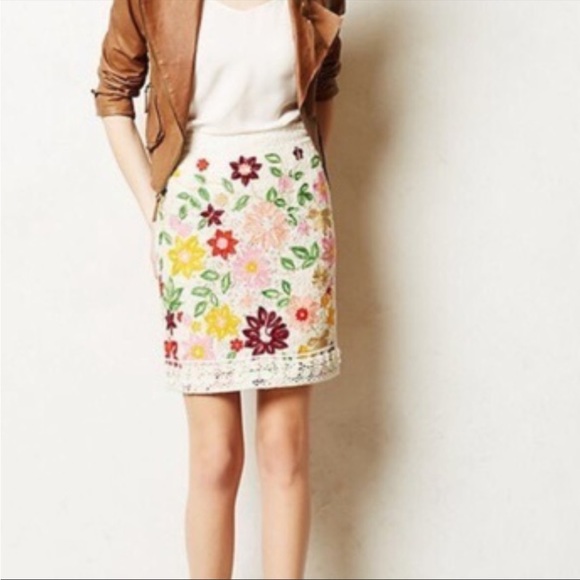 Maeve Anthropologie Ayaka Popcorn Lace Cream Floral Embroidery Skirt - Picture 7 of 16